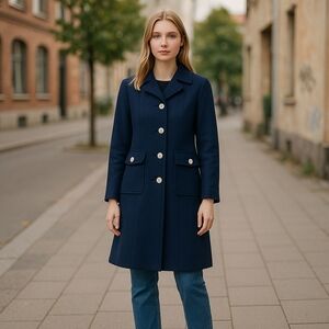 Vintage Union Made Navy wool long tench coat with mother of pearl buttons sizeXS